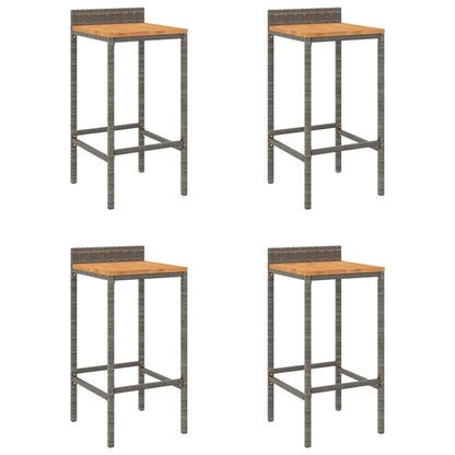 Grey Poly Rattan & Acacia Wood Bar Stools - Set of 4