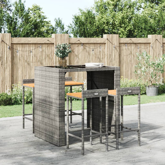 Grey Poly Rattan & Acacia Wood Bar Stools - Set of 4