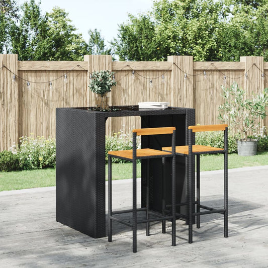 Black Poly Rattan & Acacia Bar Stools - Set of 2