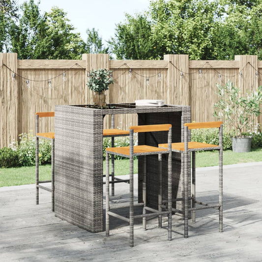 Set of 4 Grey Poly Rattan & Acacia Wood Bar Stools