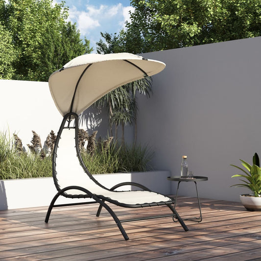 Cream Sun Lounger with Canopy, Fabric & Steel, 167x80x195 cm
