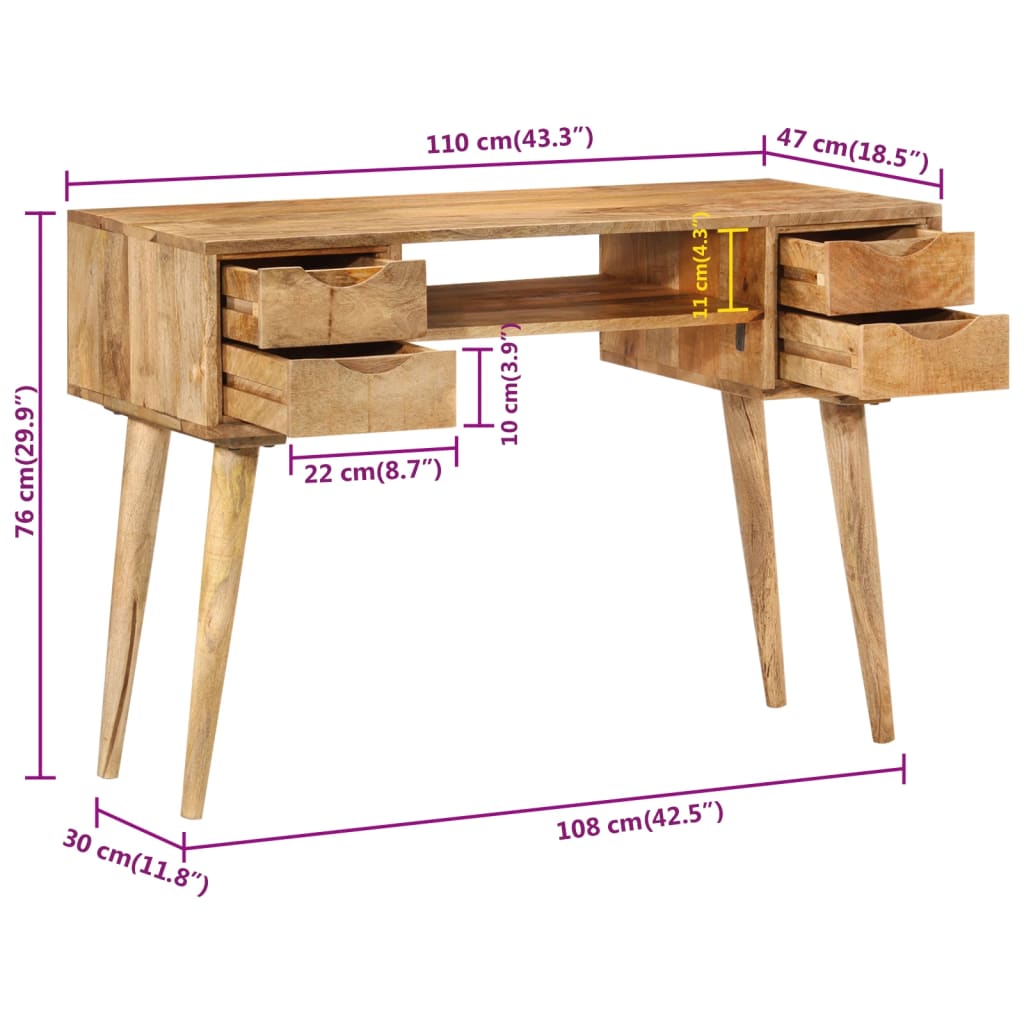Solid Mango Wood Desk with Drawers - 110x47x76 cm
