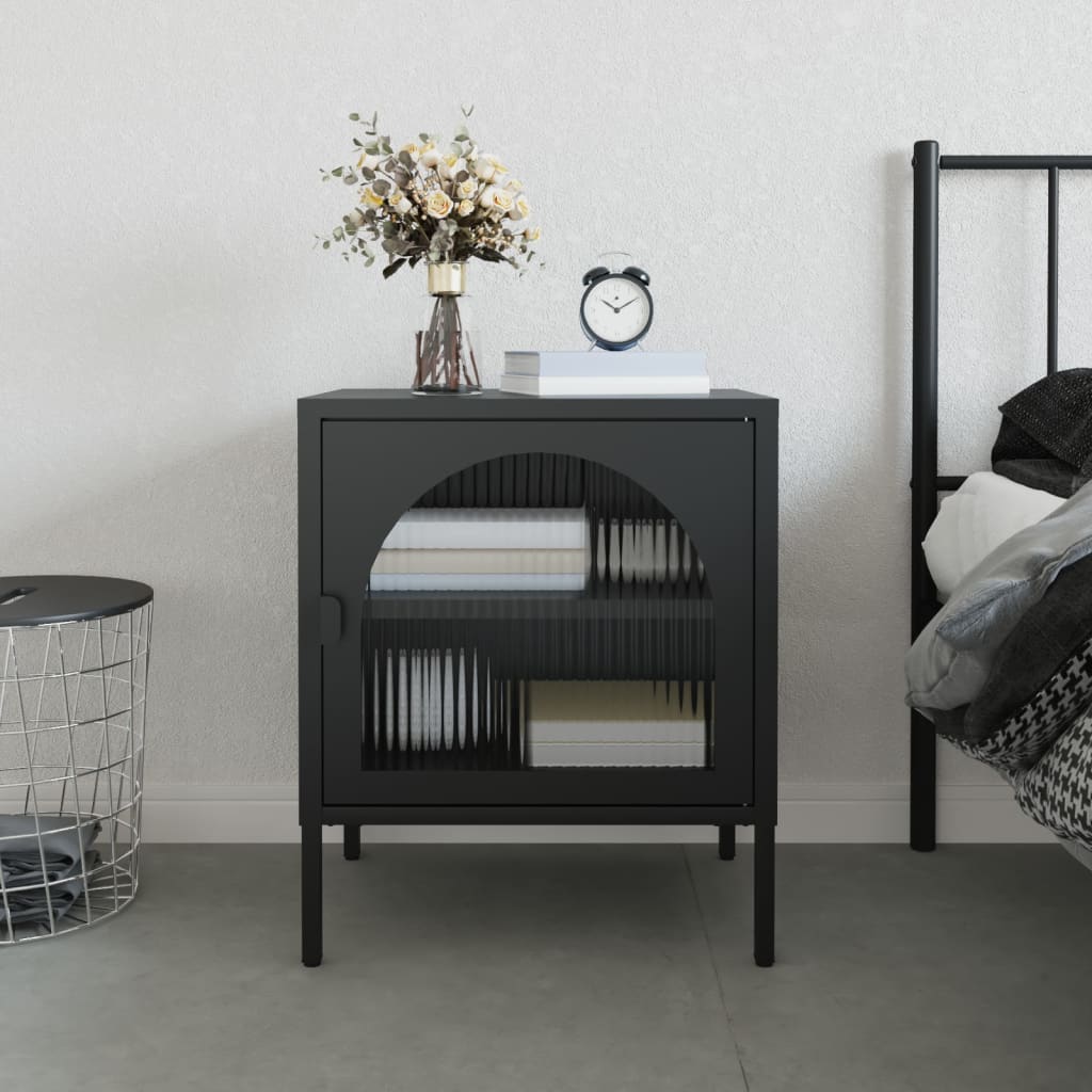 Sleek Black Glass & Steel Nightstand 50x35x60 cm