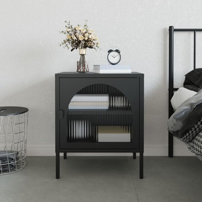 Sleek Black Glass & Steel Nightstand 50x35x60 cm
