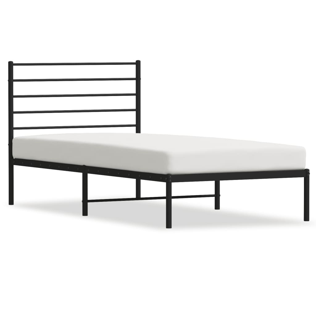 Black Metal Bed Frame with Headboard - 90x190cm, No Mattress
