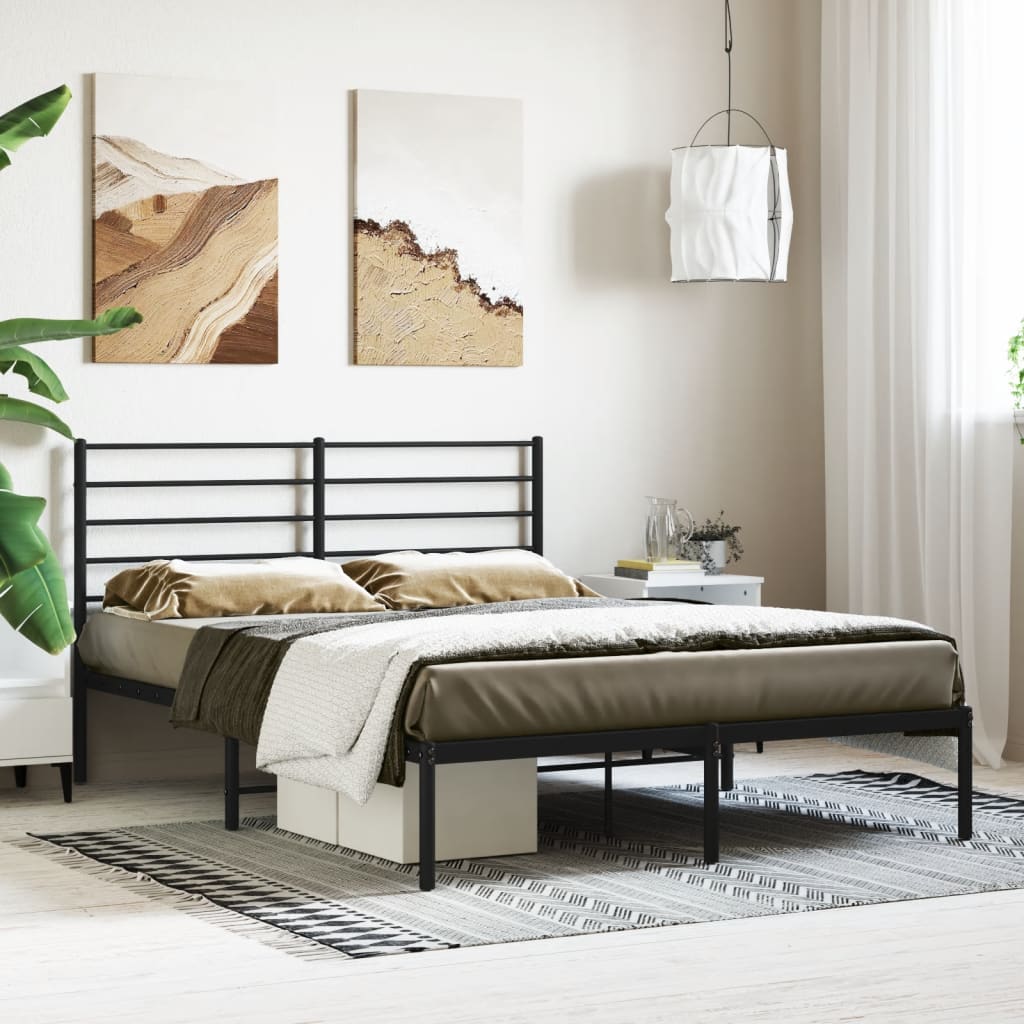 Black Metal Bed Frame with Headboard, 140x190cm, No Mattress