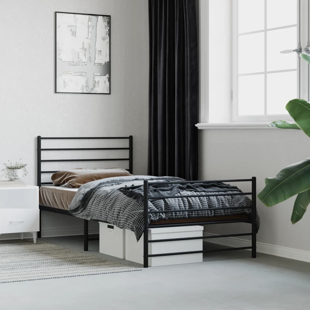 Black Metal Bed Frame with Footboard, No Mattress - 75x190cm