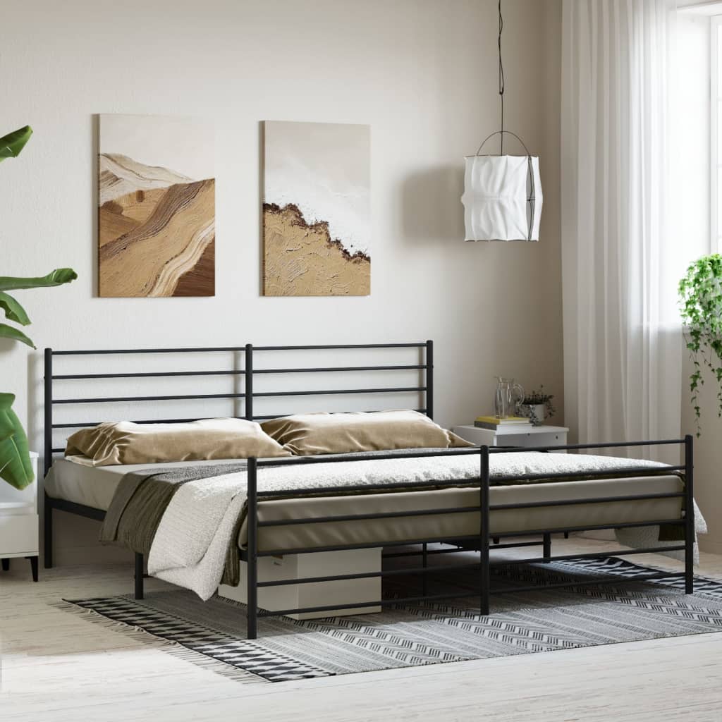 Black Metal Bed Frame with Footboard, 180x200cm, No Mattress
