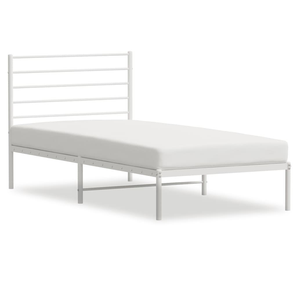 White Metal Bed Frame with Headboard, 75x190cm, No Mattress