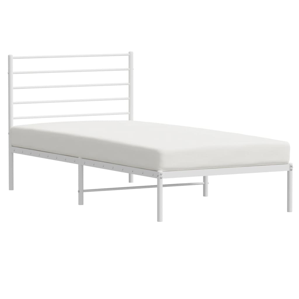 White Metal Bed Frame with Headboard, 75x190cm, No Mattress