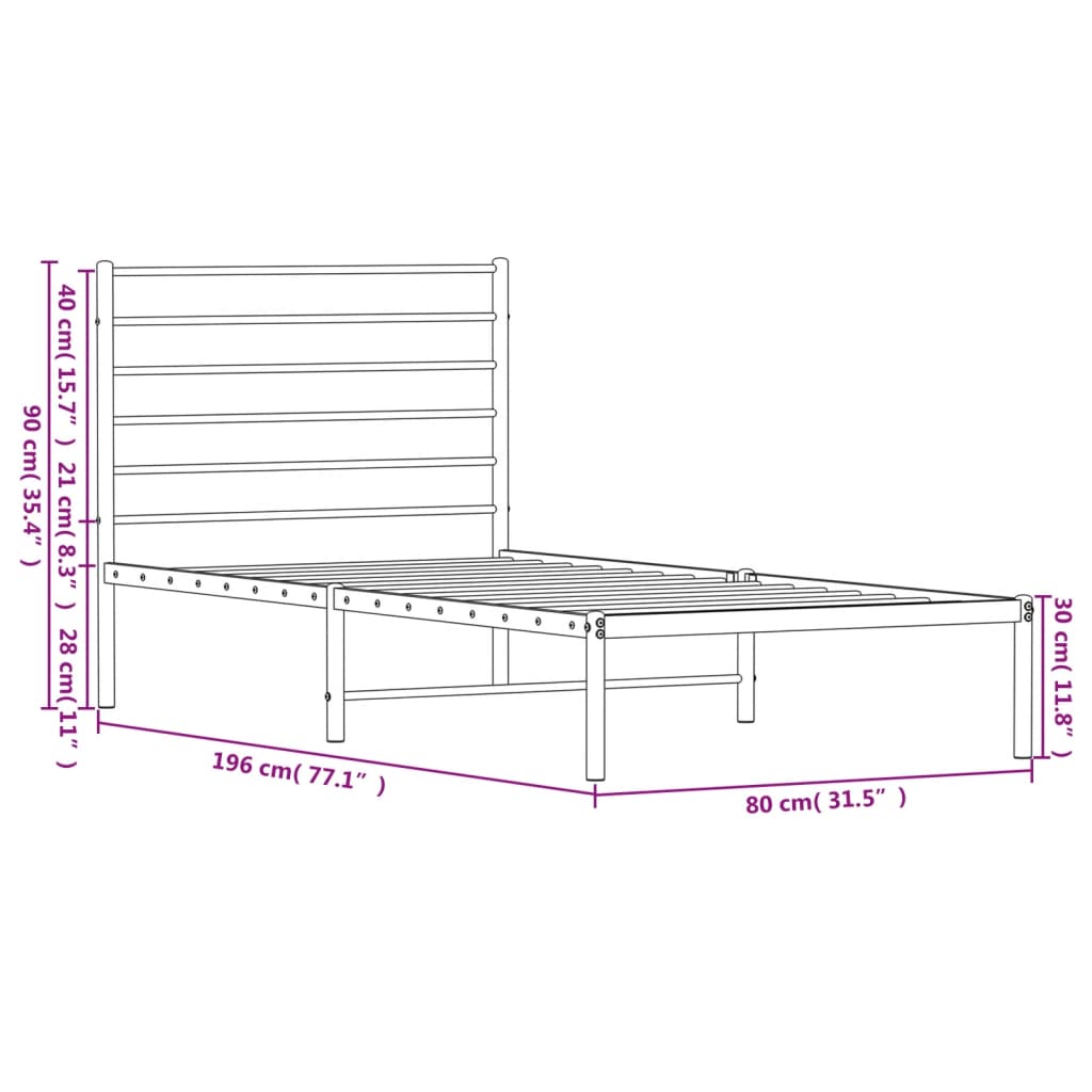 White Metal Bed Frame with Headboard, 75x190cm, No Mattress