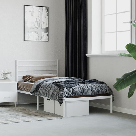 Sleek White Metal Bed Frame with Headboard, 80x200cm