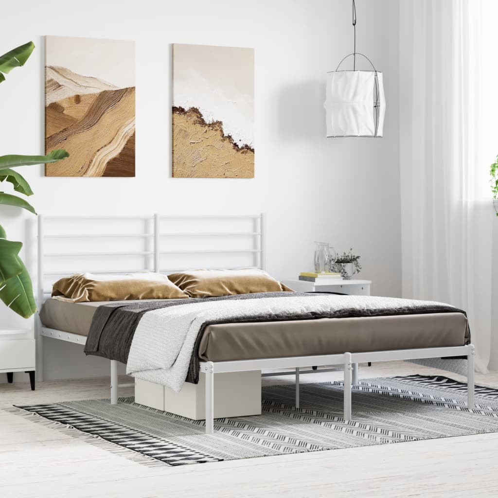 White Metal Bed Frame with Headboard - 160x200cm, No Mattress