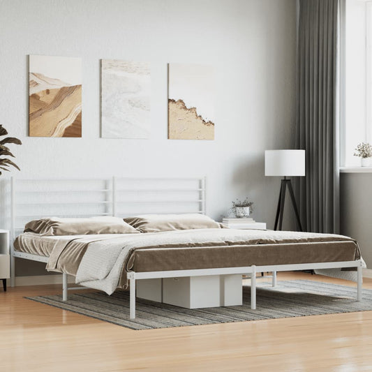 White Metal Bed Frame with Headboard - 200x200cm - No Mattress Included