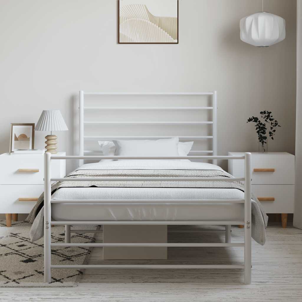 White Metal Bed Frame with Footboard - 100x190cm, No Mattress