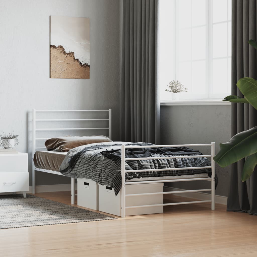 Modern White Metal Bed Frame & Footboard - 107x203cm - No Mattress