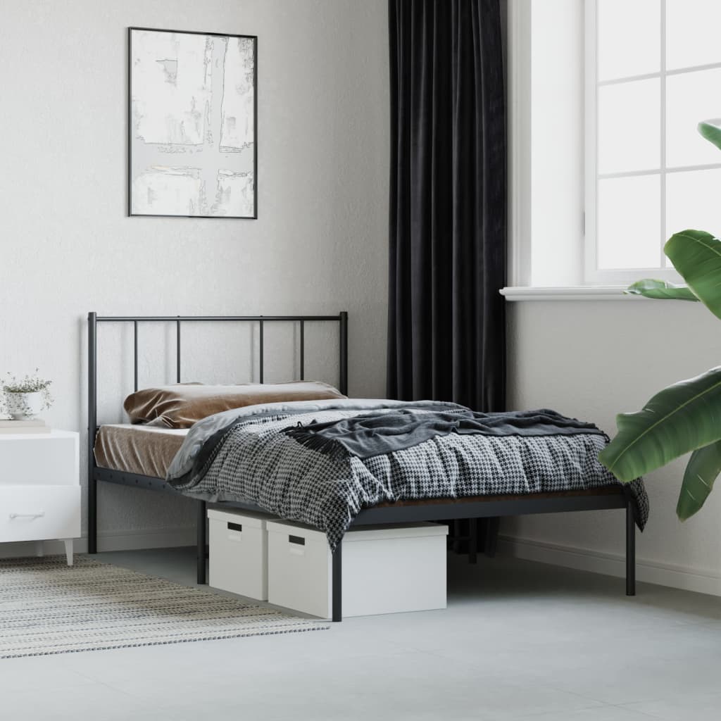Black Metal Bed Frame with Headboard, 75x190cm - No Mattress Included