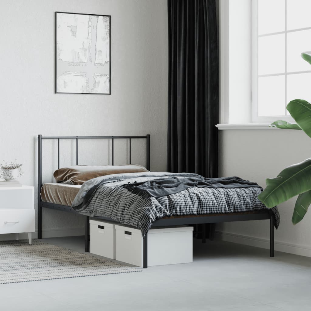 Black Metal Bed Frame with Headboard, 90x190cm, No Mattress