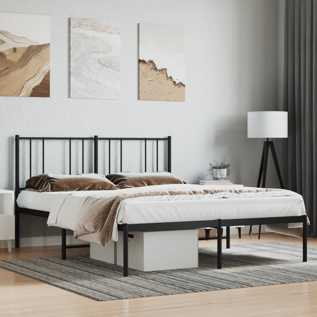 Sleek Black Metal Bed Frame with Headboard 140x200cm (No Mattress)