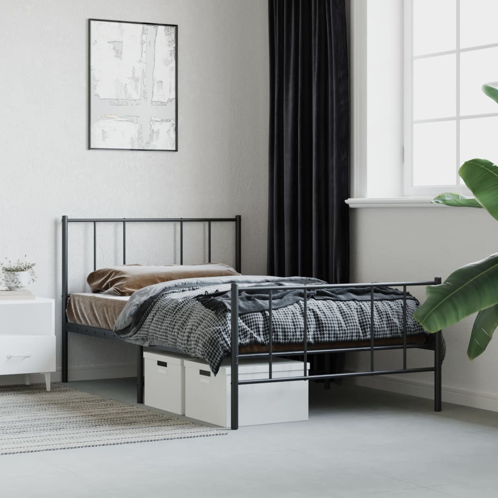 Black Metal Bed Frame with Footboard - 90x190cm Sturdy Design
