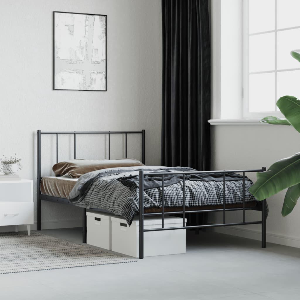 Black Metal Bed Frame with Footboard, 90x200cm - No Mattress Included