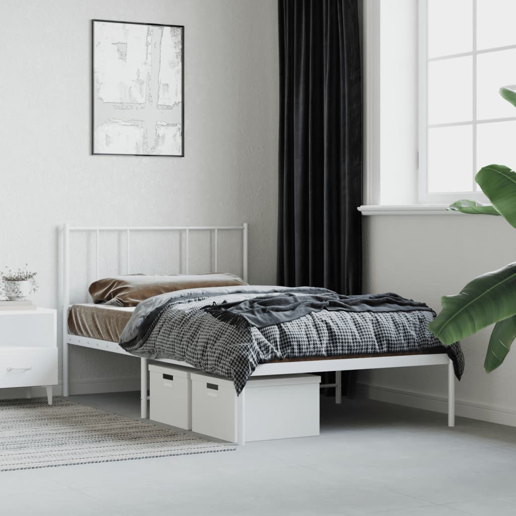 White Metal Bed Frame with Headboard 75x190cm - No Mattress