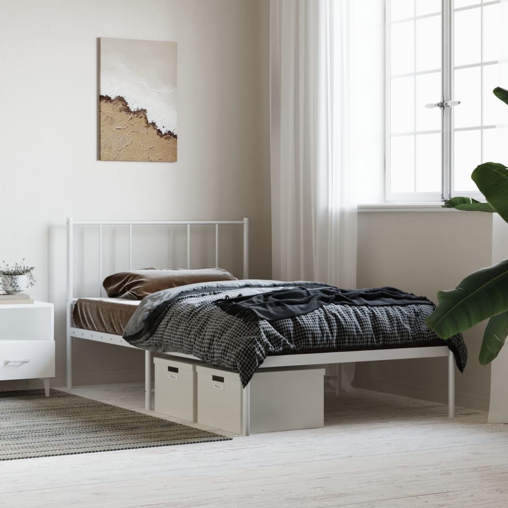 White Metal Bed Frame with Headboard, 90x190cm - No Mattress Included
