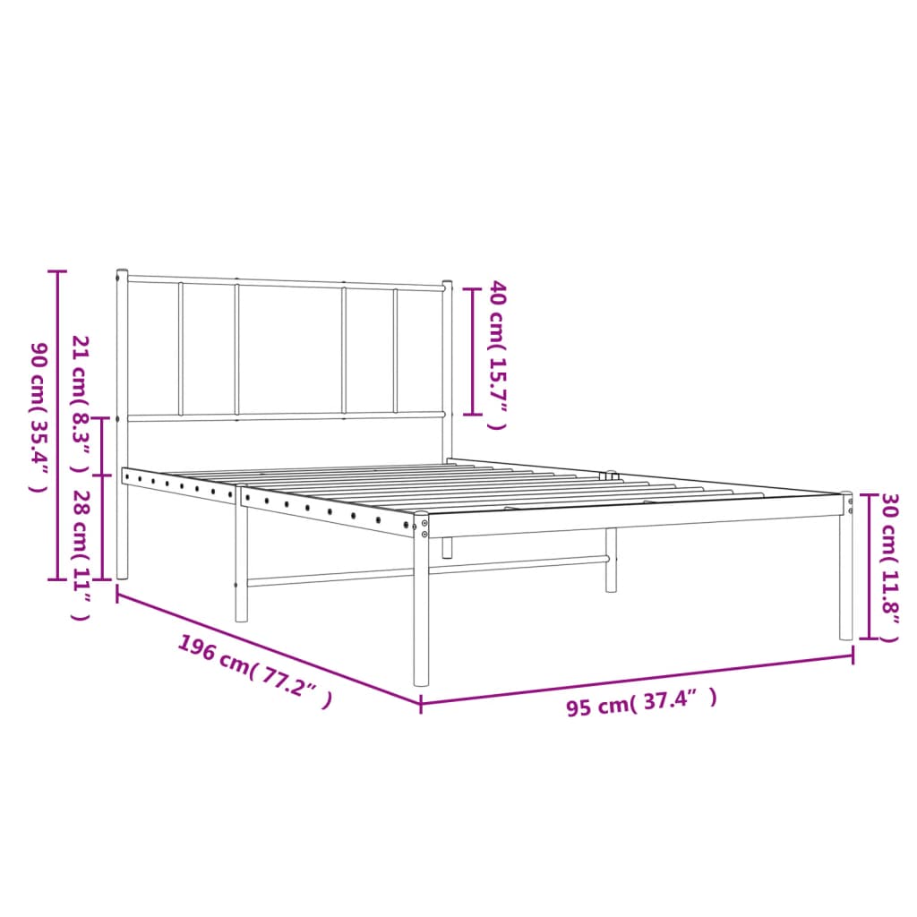 White Metal Bed Frame with Headboard, 90x190cm - No Mattress Included
