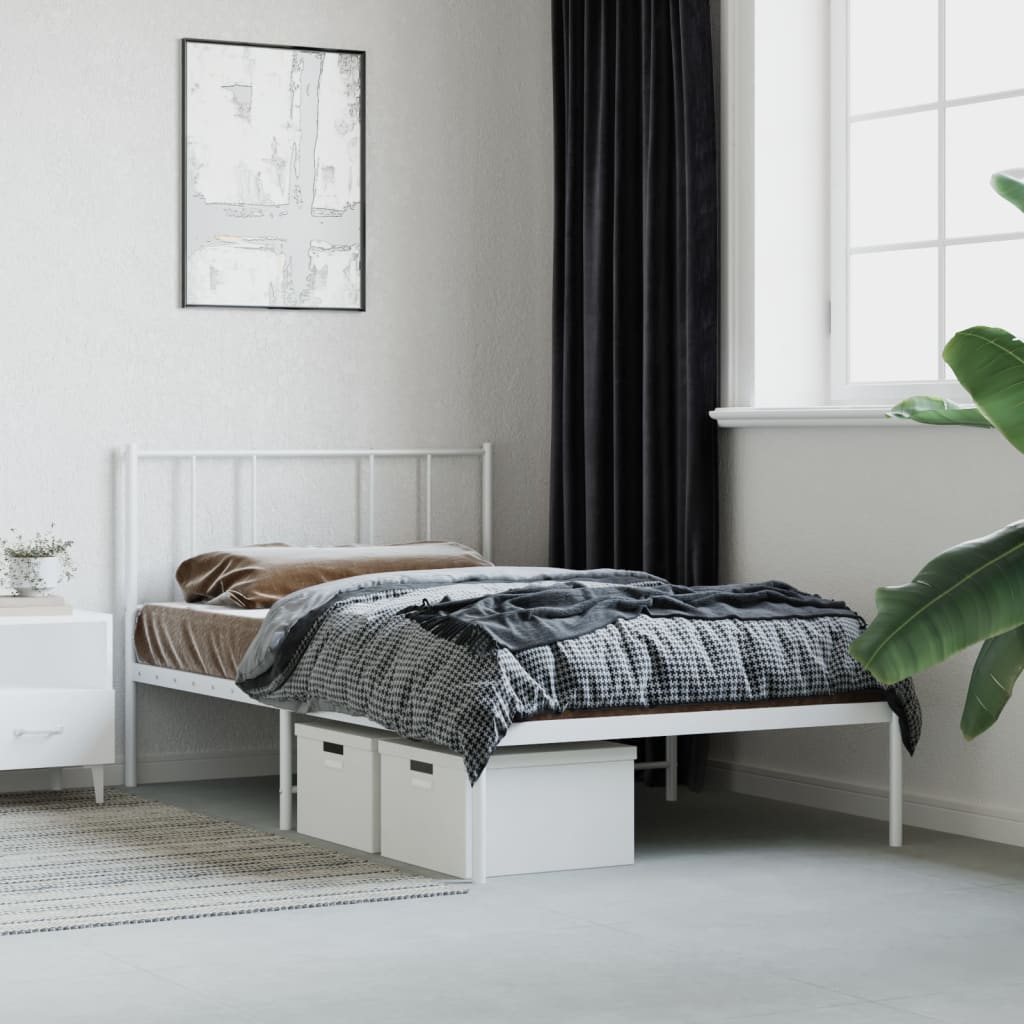 White Metal Bed Frame with Headboard, 90x190cm - No Mattress Included
