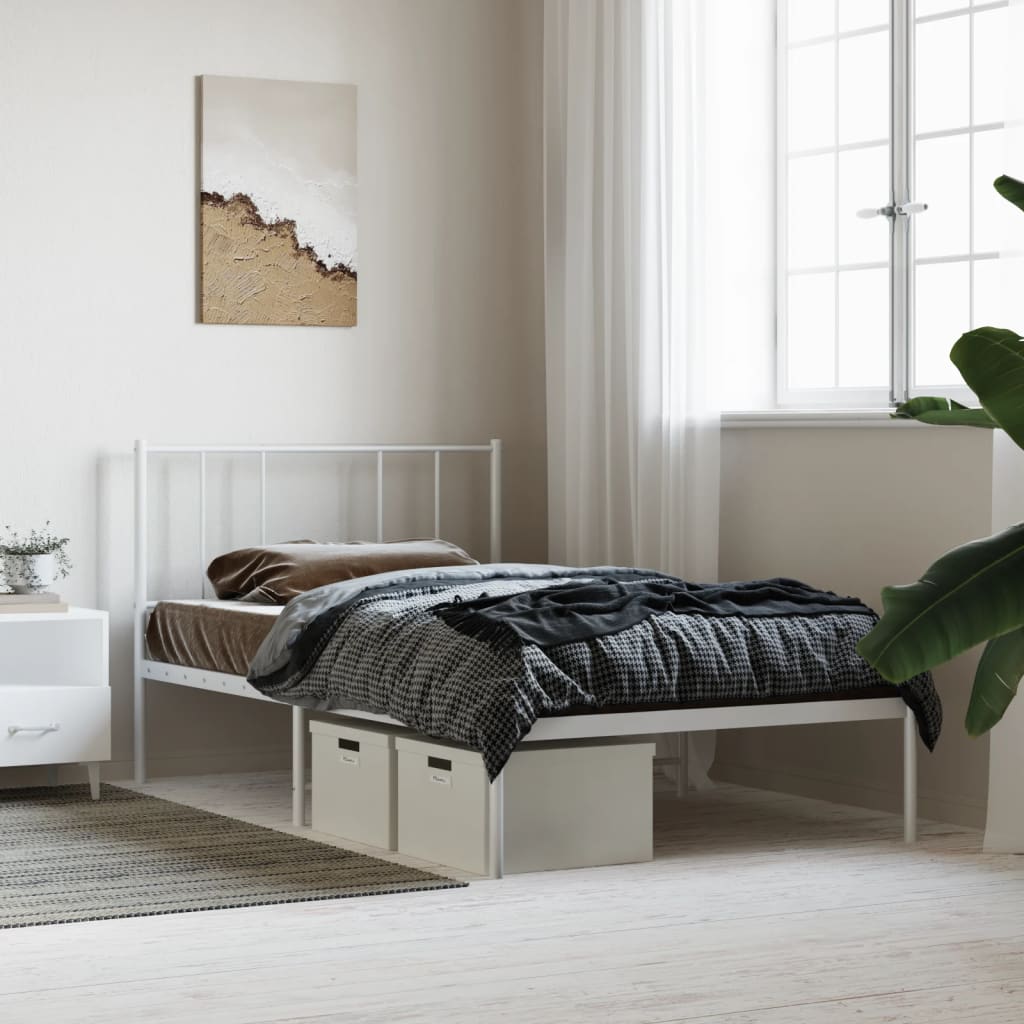 White Metal Bed Frame with Headboard, 107x203cm, No Mattress Included