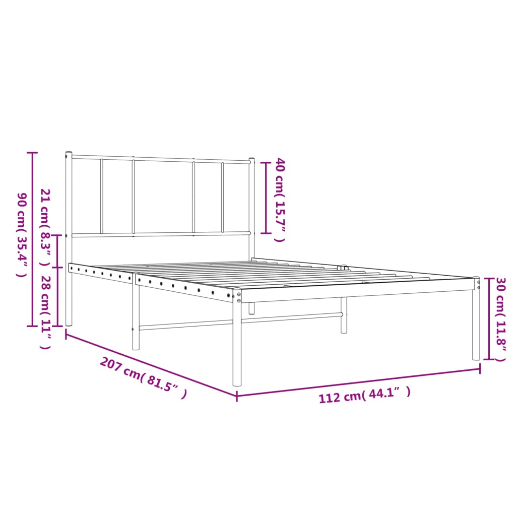 White Metal Bed Frame with Headboard, 107x203cm, No Mattress Included