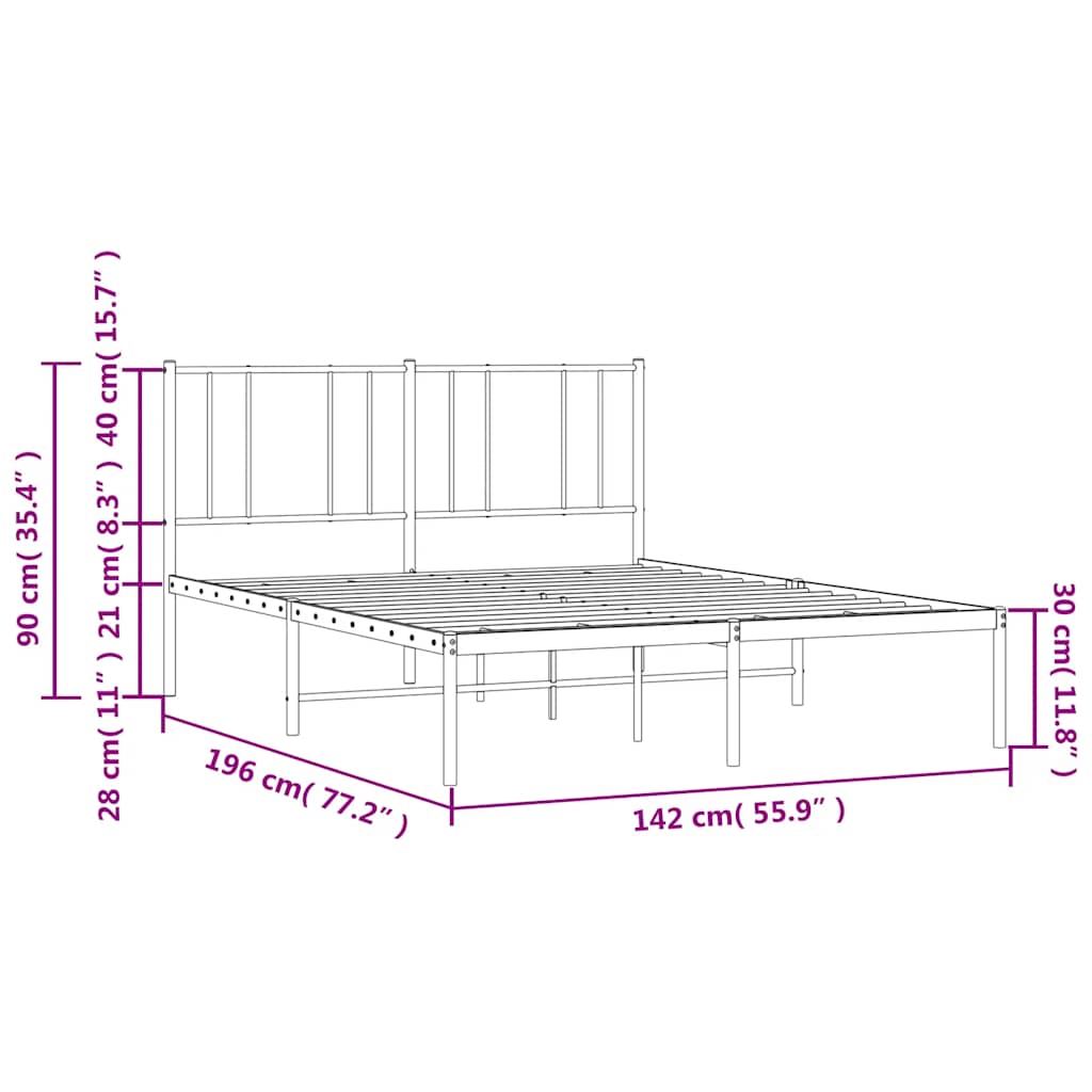 White Metal Bed Frame with Headboard, 135x190cm, No Mattress