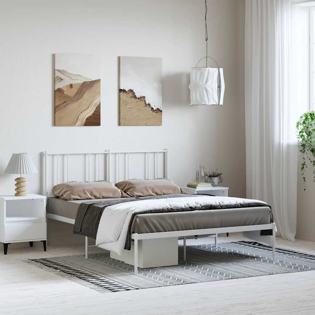White Metal Bed Frame with Headboard, 135x190cm, No Mattress