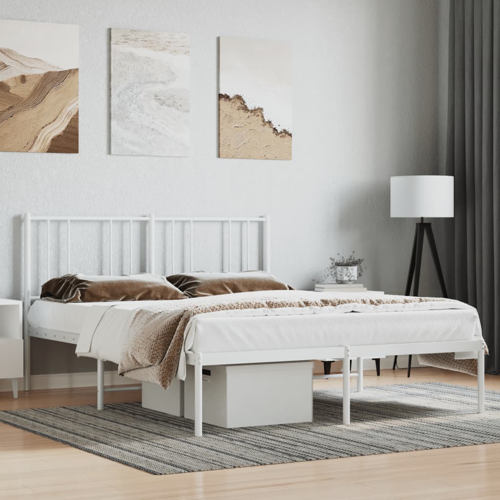 White Metal Bed Frame with Headboard, 160x200cm - No Mattress Included