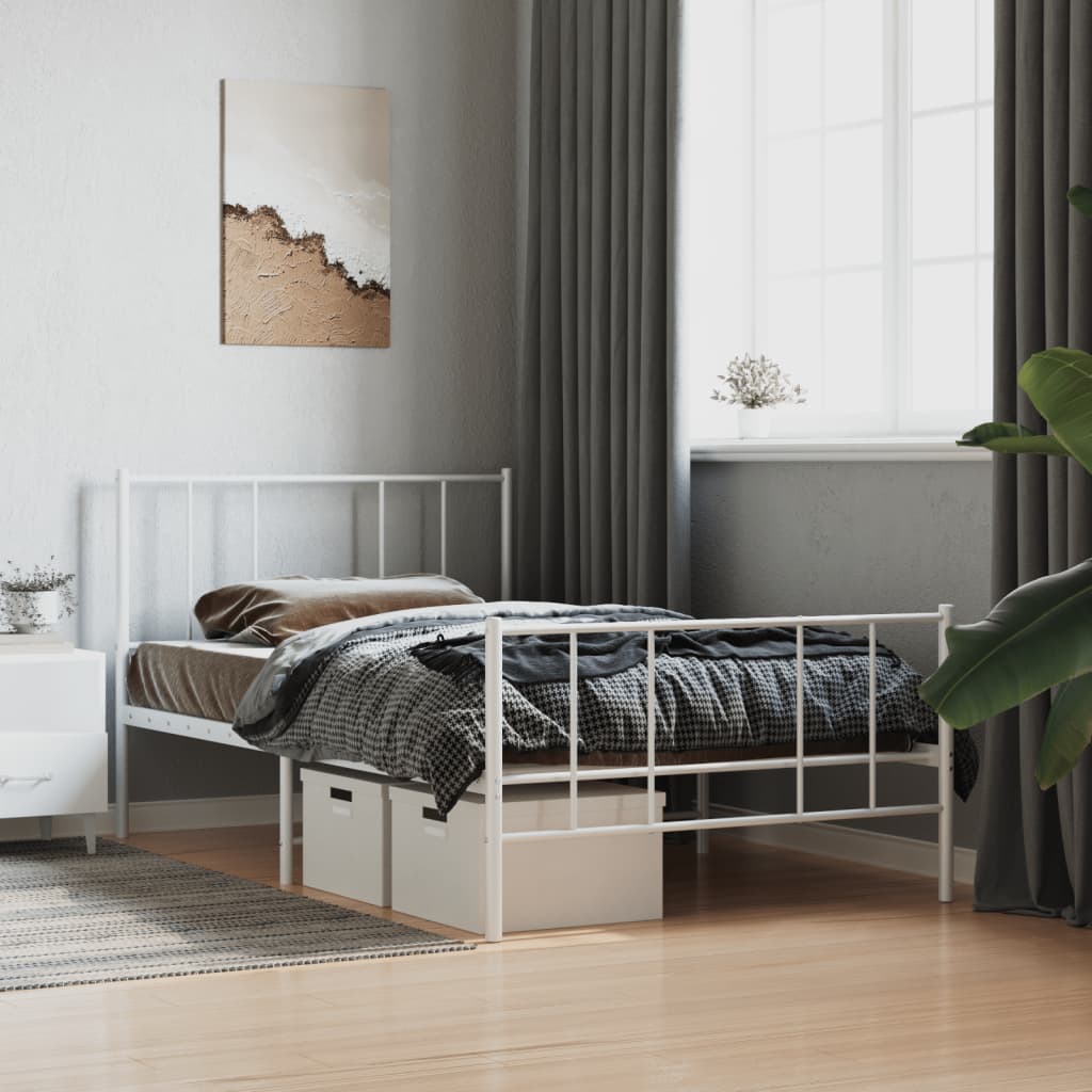 White Metal Bed Frame with Footboard - 75x190cm, No Mattress