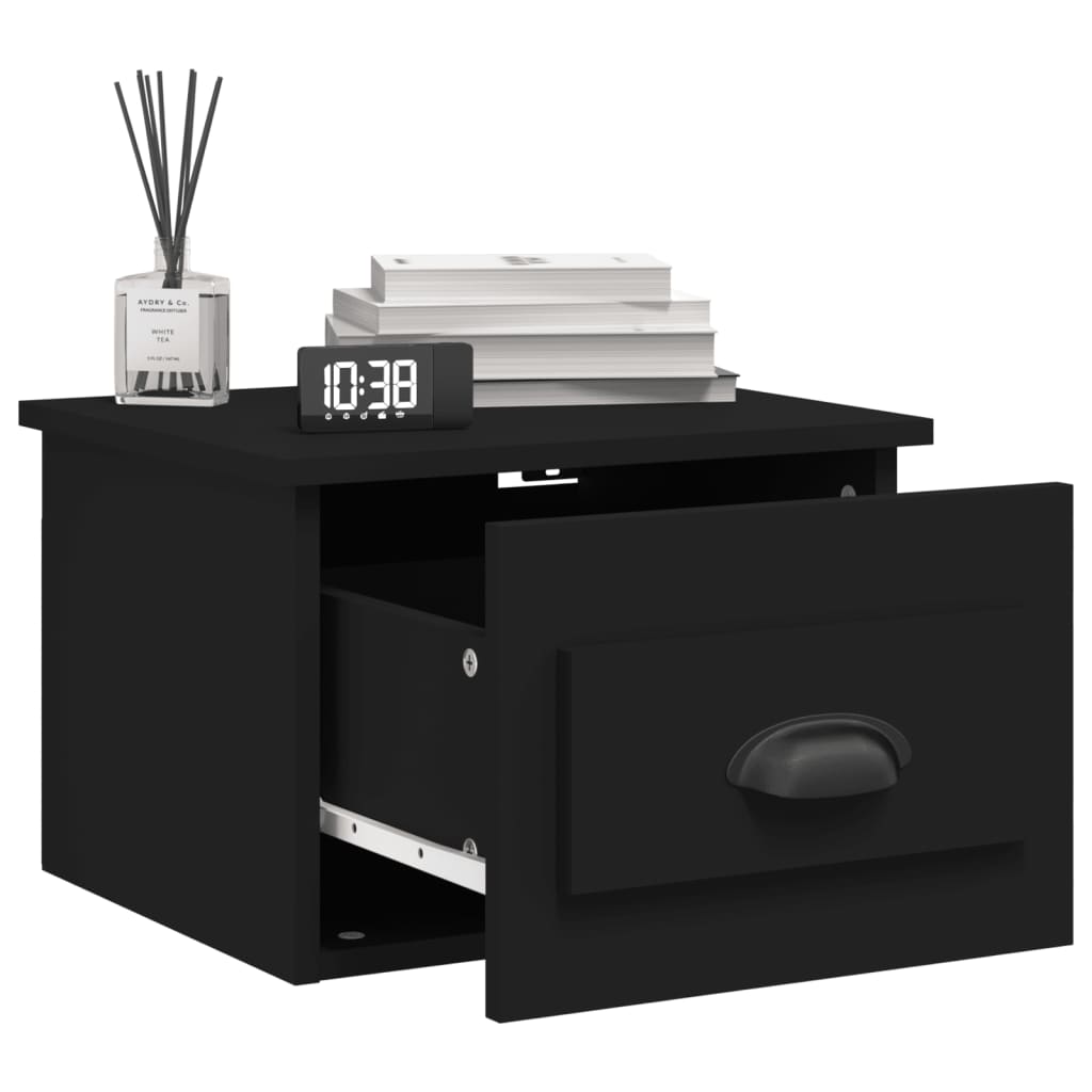 Sleek Black Wall-Mounted Bedside Cabinet - 41.5x36x28cm