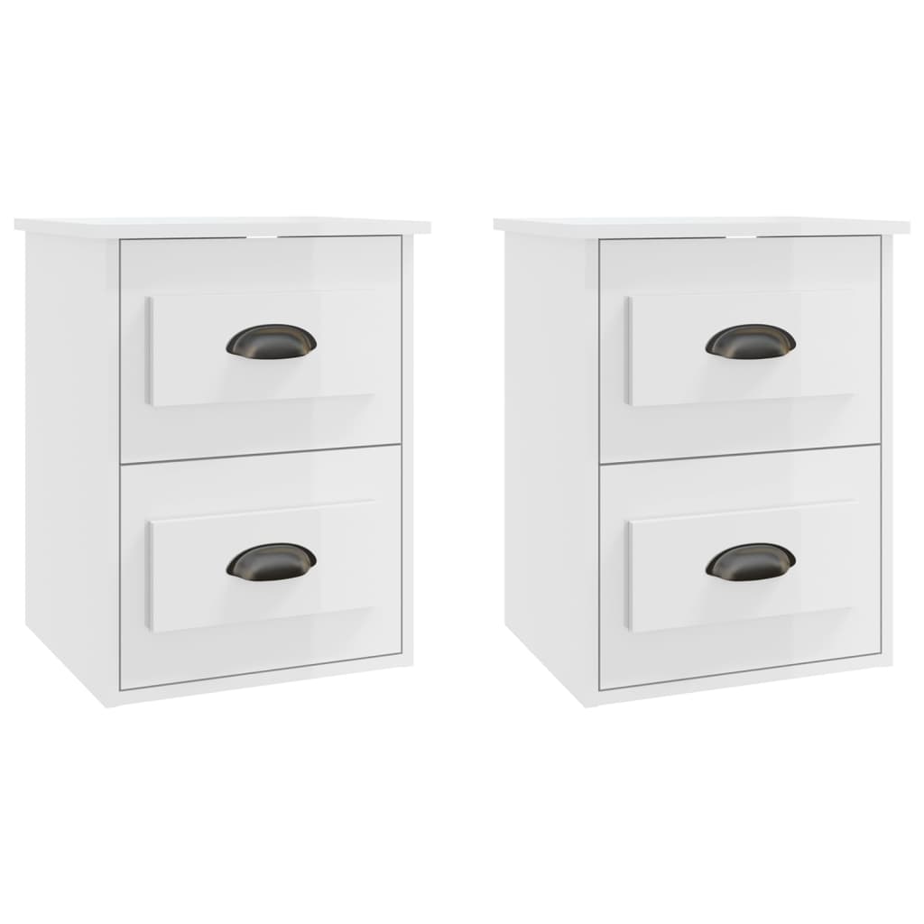 High Gloss White Wall-Mounted Bedside Cabinets, Set of 2 - 41.5x36x53cm