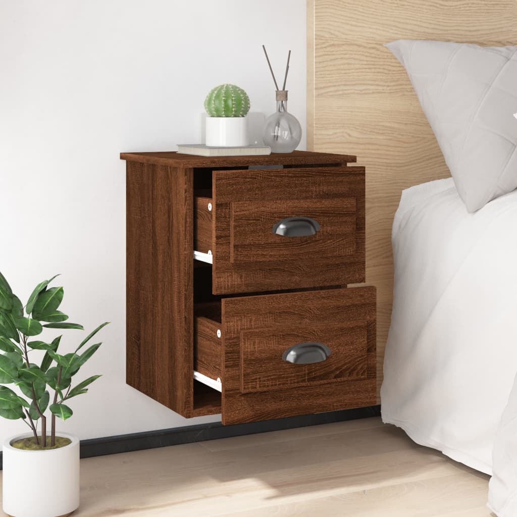 Brown Oak Wall-mounted Bedside Cabinets - Set of 2, 41.5x36x53cm
