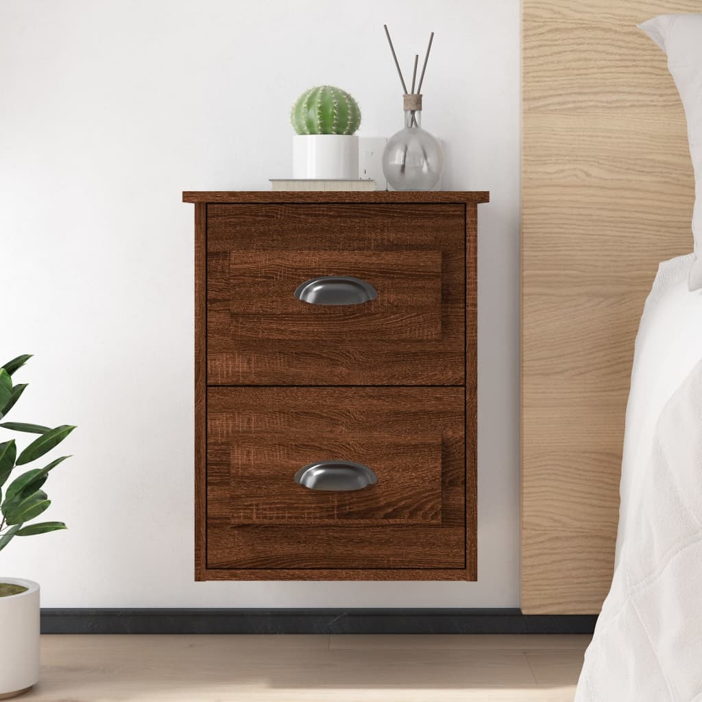 Brown Oak Wall-mounted Bedside Cabinets - Set of 2, 41.5x36x53cm