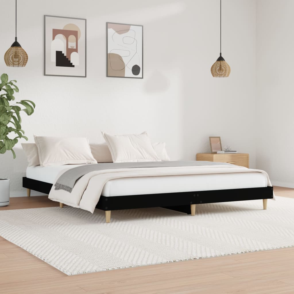 Sleek Black Engineered Wood Bed Frame 200x200 cm - No Mattress Included