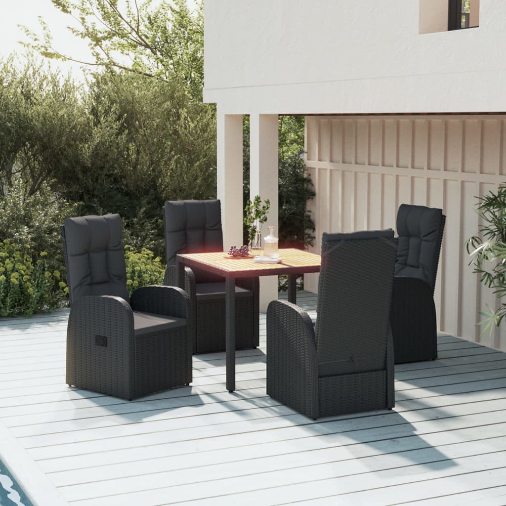 7-Piece Black Poly Rattan & Acacia Wood Garden Dining Set