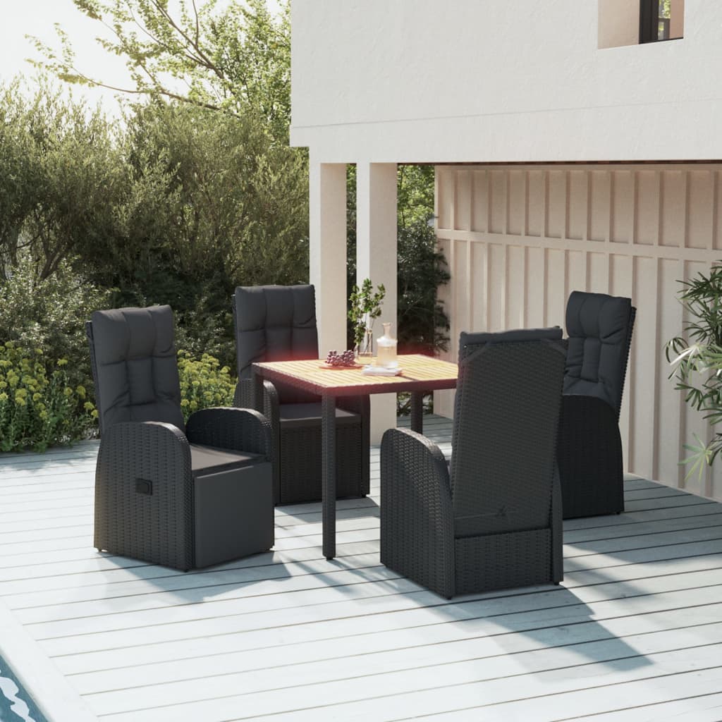 7-Piece Black Poly Rattan & Acacia Wood Garden Dining Set