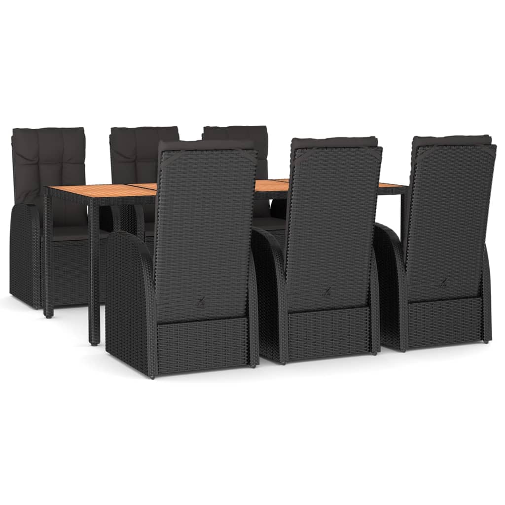 7-Piece Black Poly Rattan & Acacia Wood Garden Dining Set