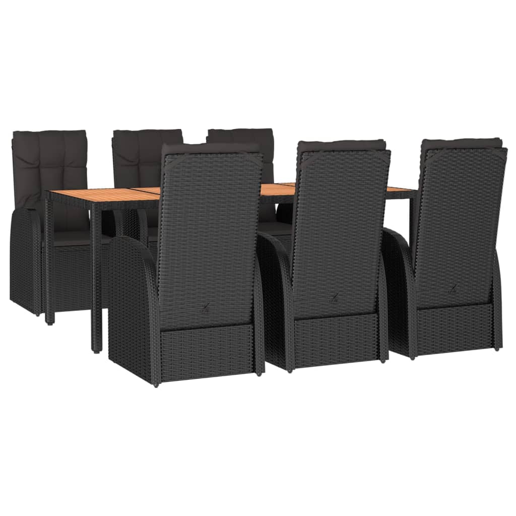 7-Piece Black Poly Rattan & Acacia Wood Garden Dining Set