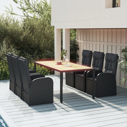 7-Piece Black Poly Rattan & Acacia Wood Garden Dining Set