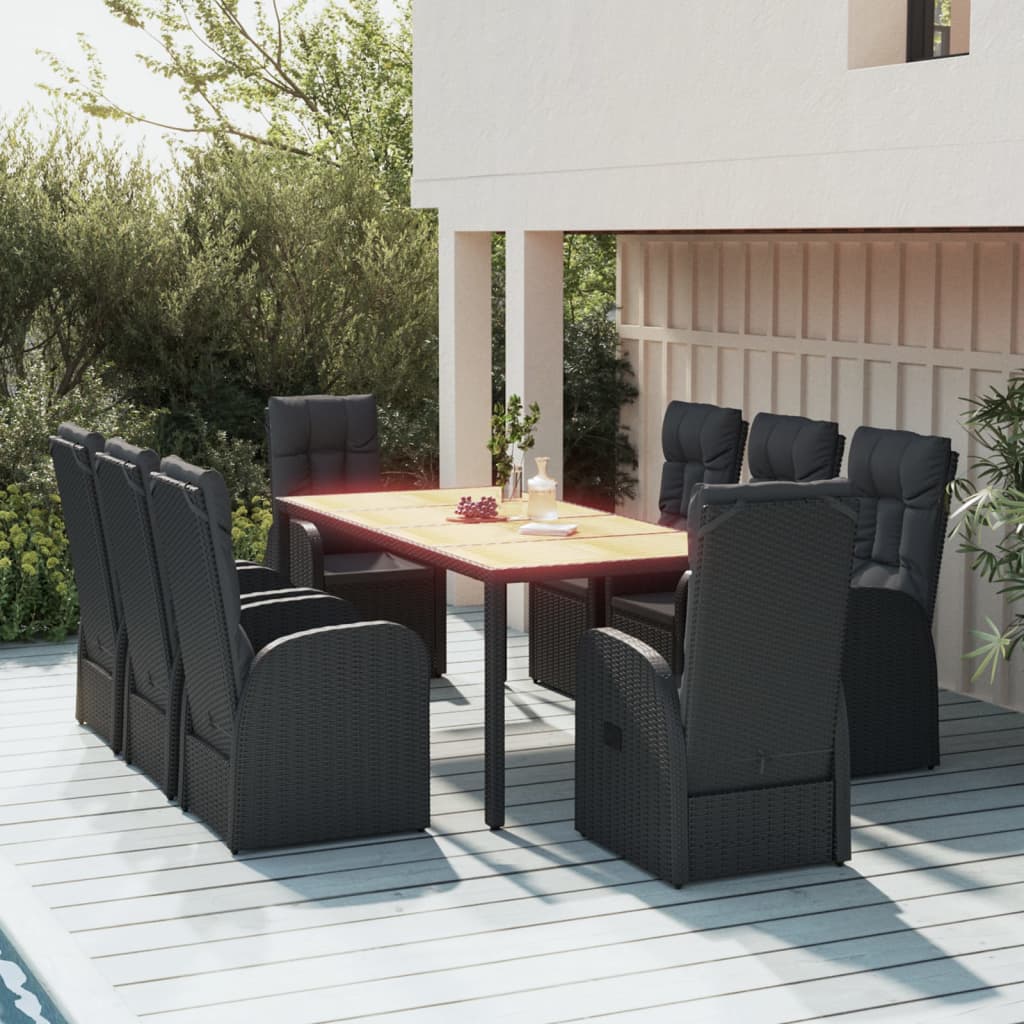 7-Piece Black Poly Rattan & Acacia Wood Garden Dining Set