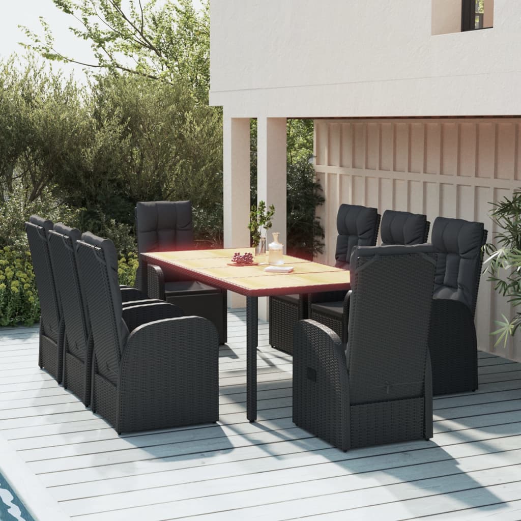 7-Piece Black Poly Rattan & Acacia Wood Garden Dining Set