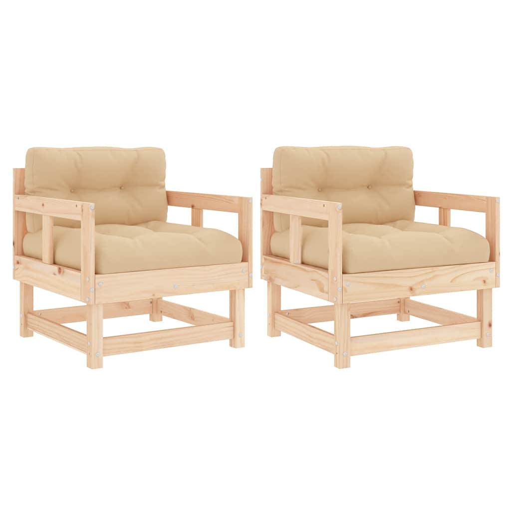 2-Piece Solid Pine Wood Garden Chairs with Cushions