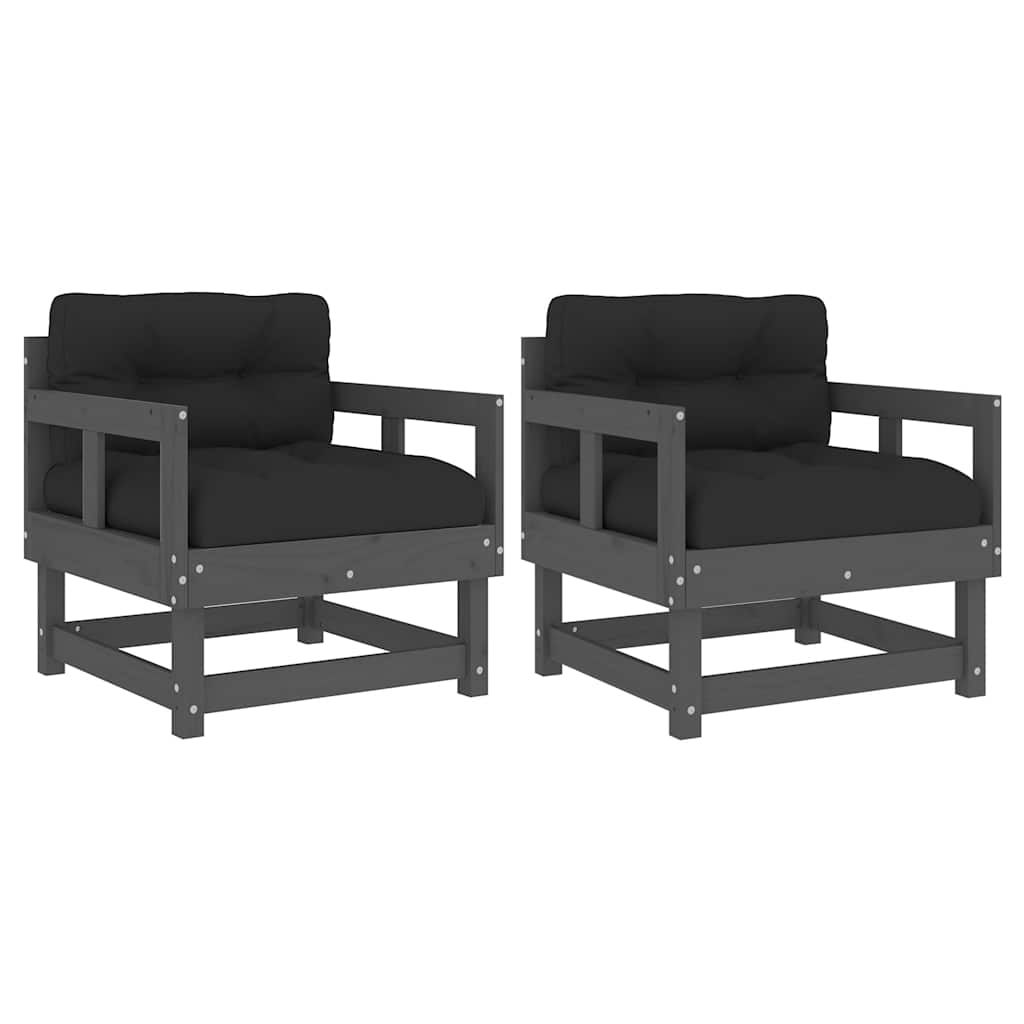 Set of 2 Grey Solid Wood Pine Garden Chairs with Cushions
