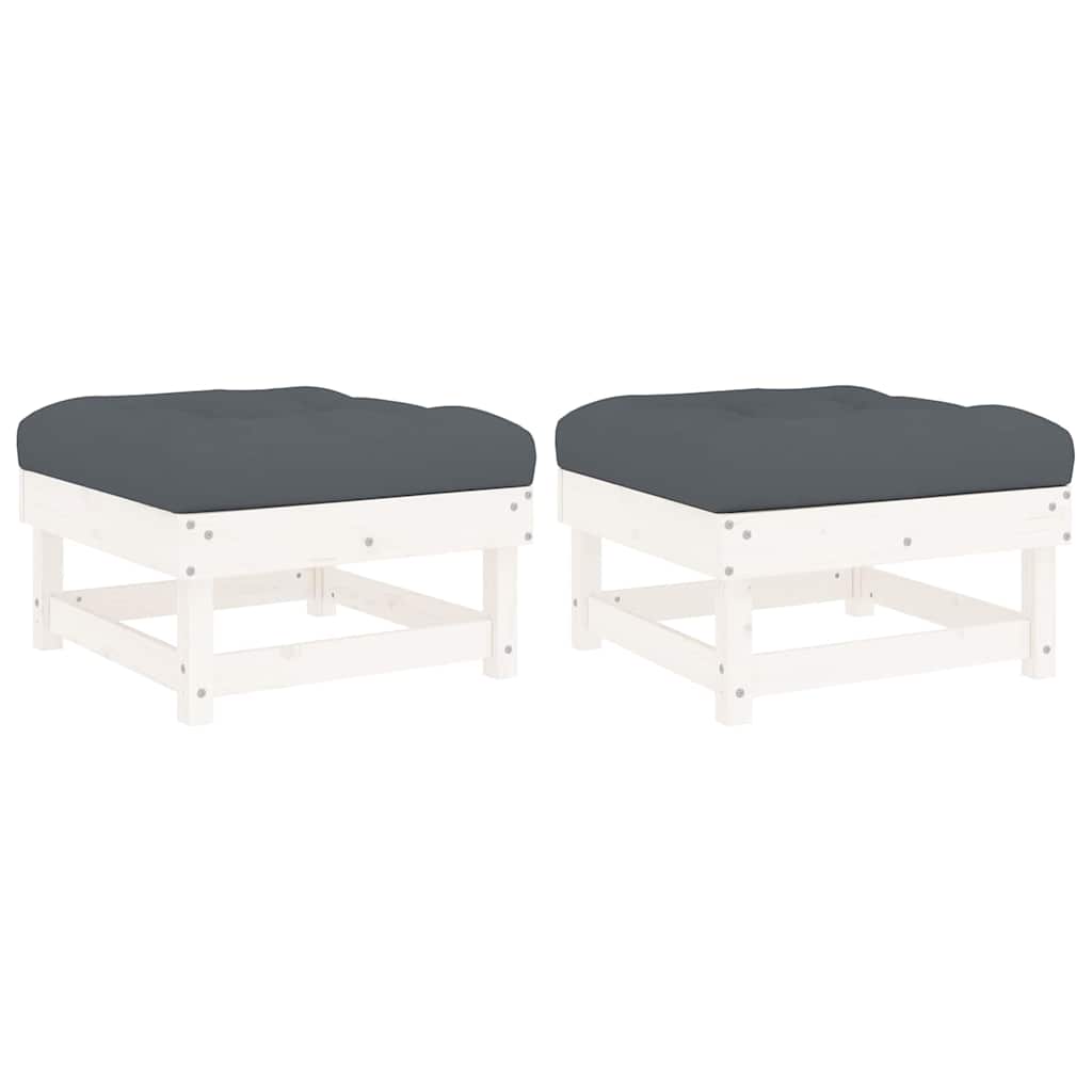 White Solid Wood Pine Garden Footstools w/ Cushions, 2pcs Set